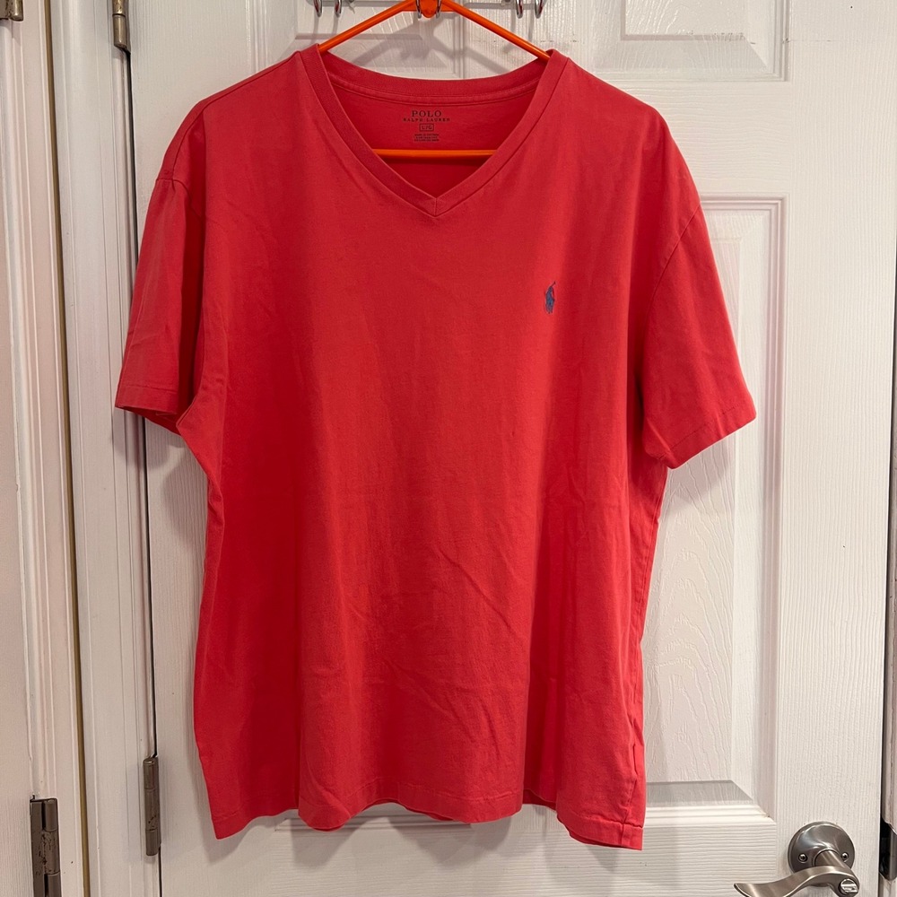 Polo Ralph Lauren Mens‎ V-Neck T-Shirt Coral Short Sleeve Cotton Pony Logo L